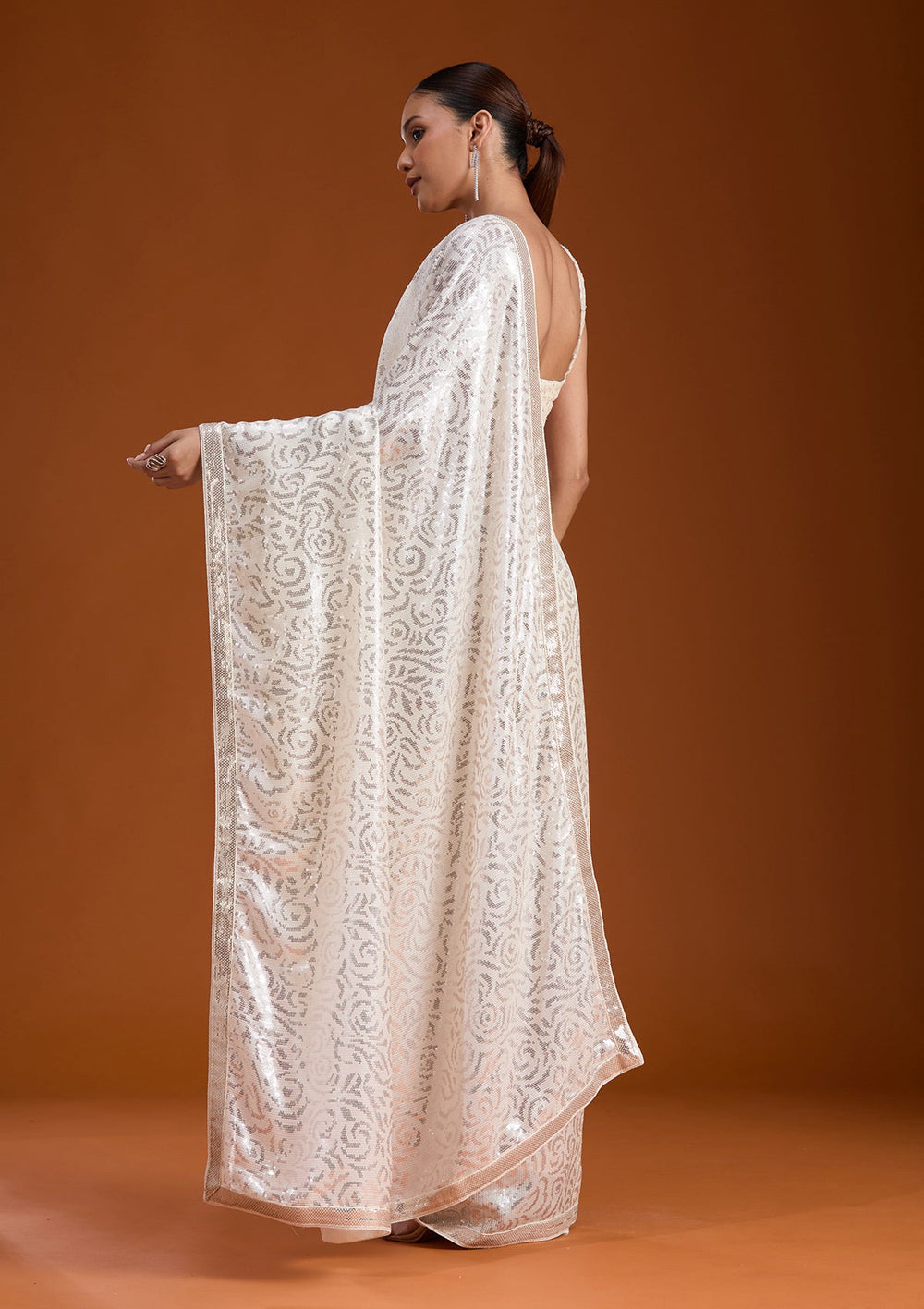 Off White Sequins Georgette Saree-koskii