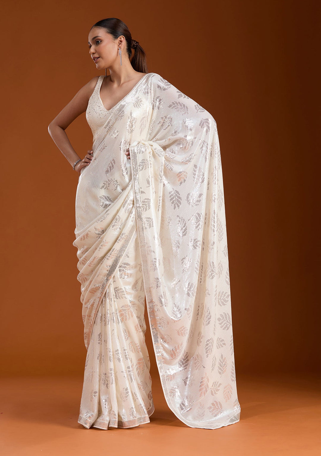 Off White Sequins Georgette Saree-koskii