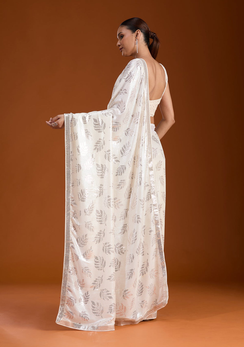 Off White Sequins Georgette Saree-koskii