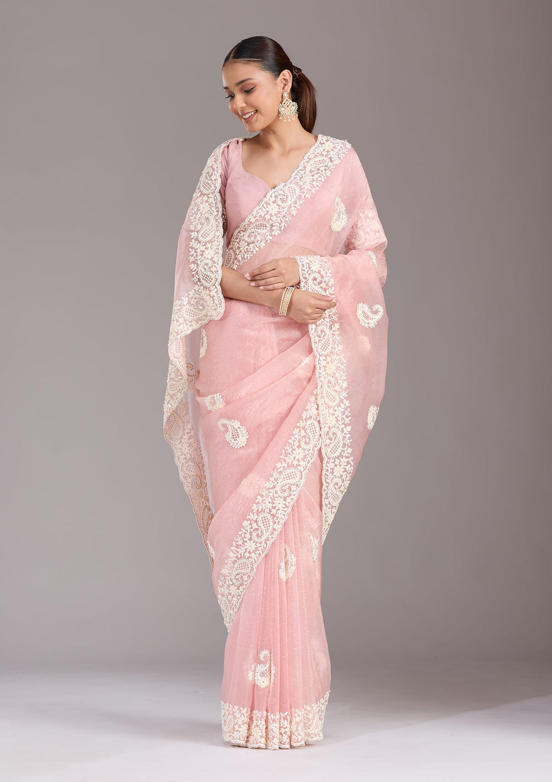 Baby Pink Pearlwork Tissue Saree-koskii