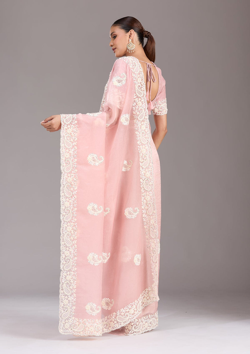 Baby Pink Pearlwork Tissue Saree-koskii