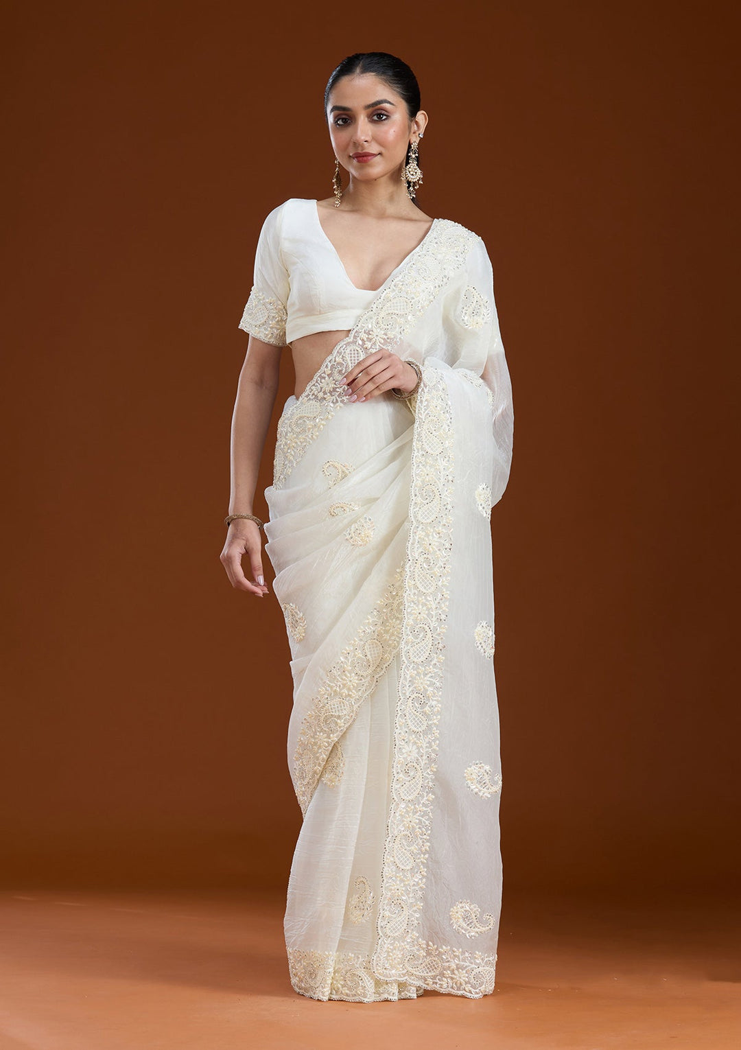 Off White Pearlwork Tissue Saree-koskii