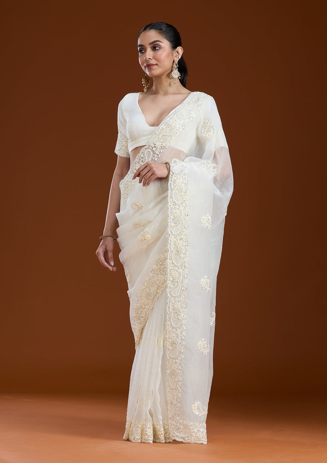 Off White Pearlwork Tissue Saree-koskii