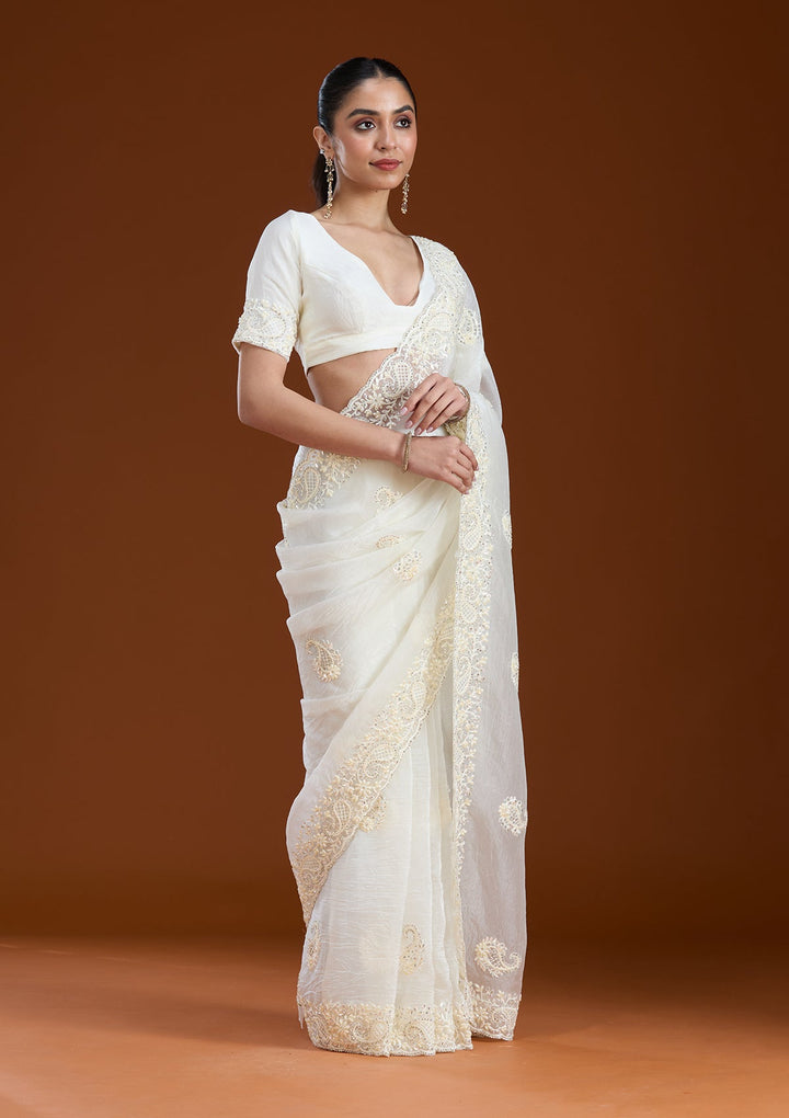 Off White Pearlwork Tissue Saree-koskii
