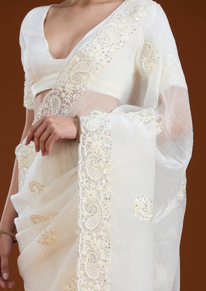 Off White Pearlwork Tissue Saree-koskii