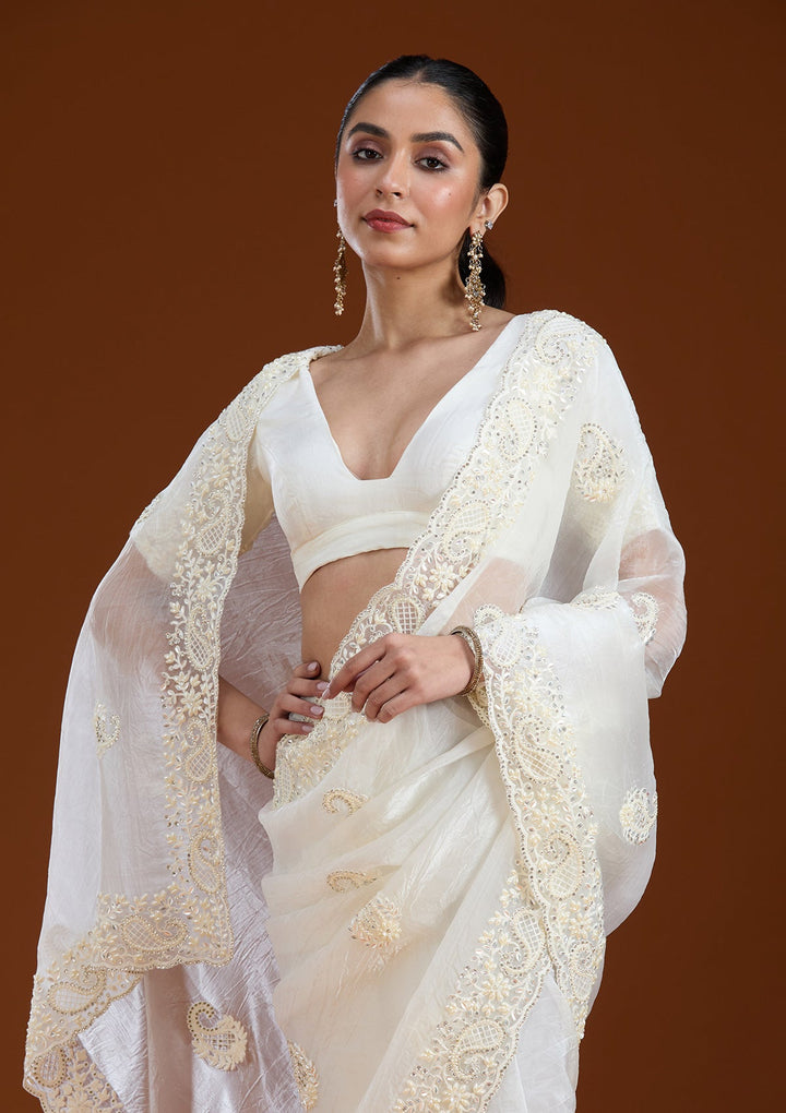Off White Pearlwork Tissue Saree-koskii