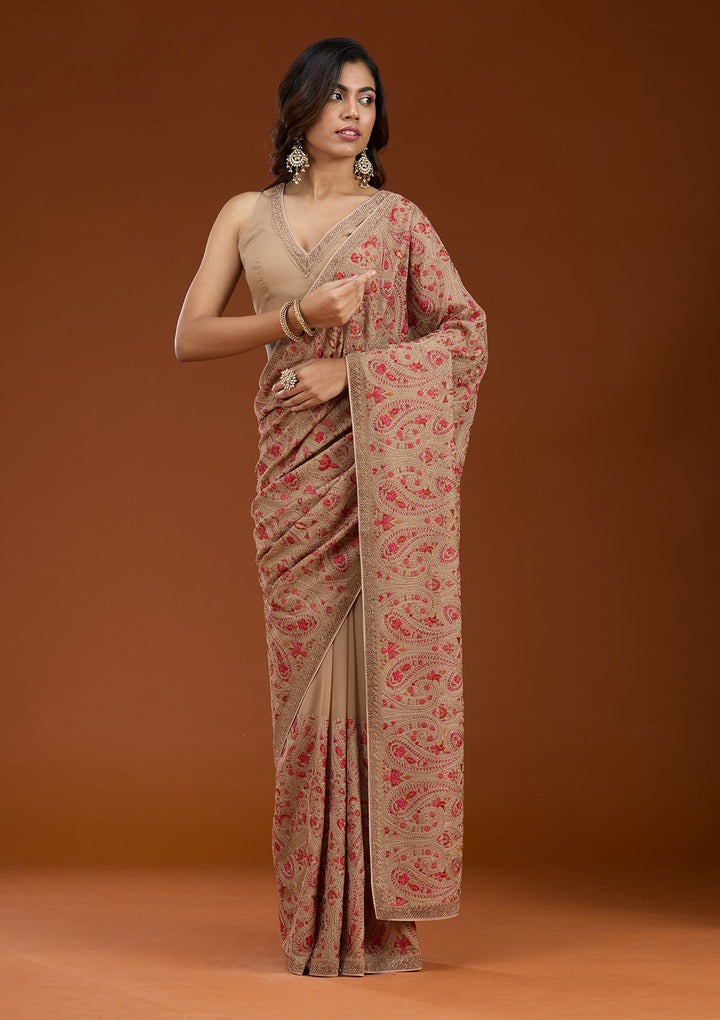 Beige Kashmiri Georgette Saree_koskii