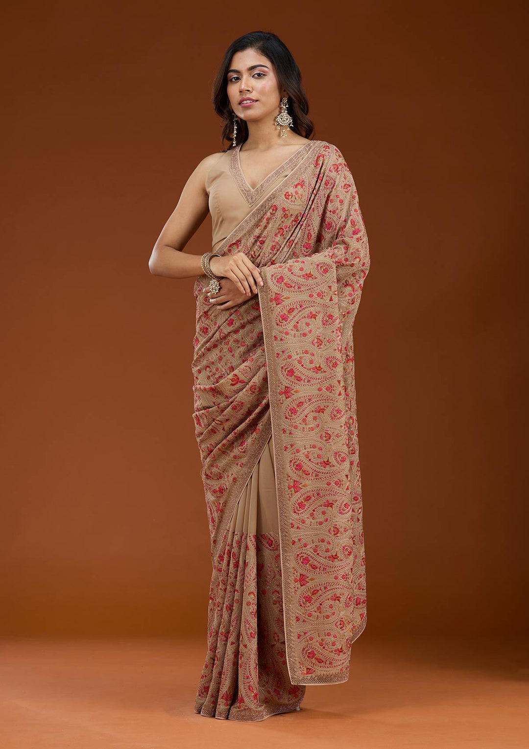 Beige Kashmiri Georgette Saree_koskii