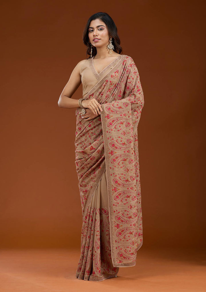Beige Kashmiri Georgette Saree_koskii