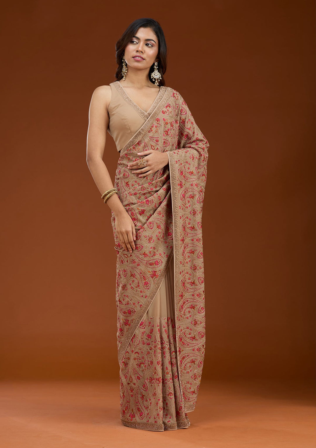 Beige Kashmiri Georgette Saree_koskii