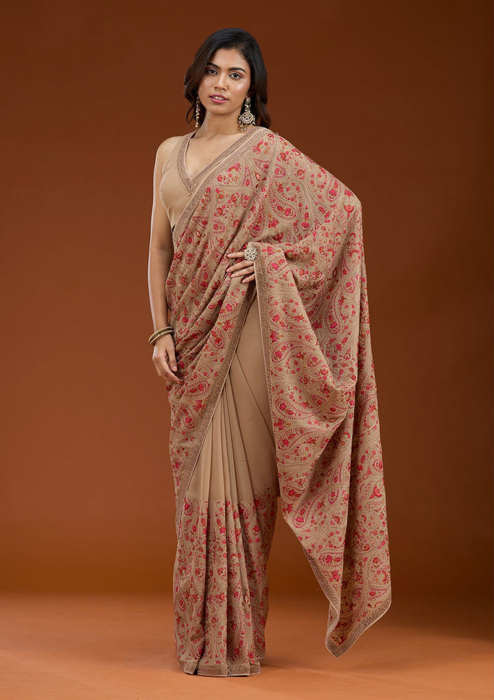 Beige Kashmiri Georgette Saree_koskii
