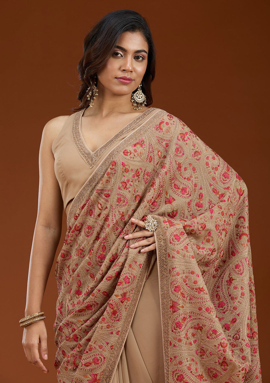 Beige Kashmiri Georgette Saree_koskii