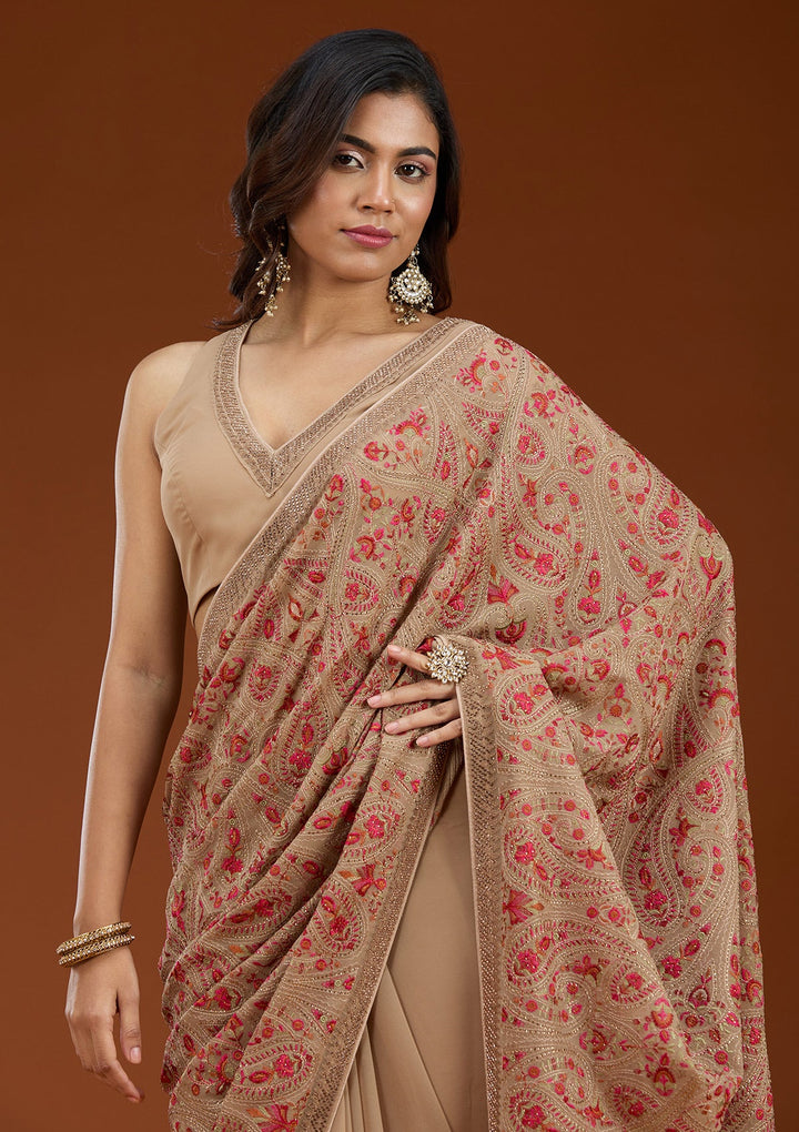 Beige Kashmiri Georgette Saree_koskii