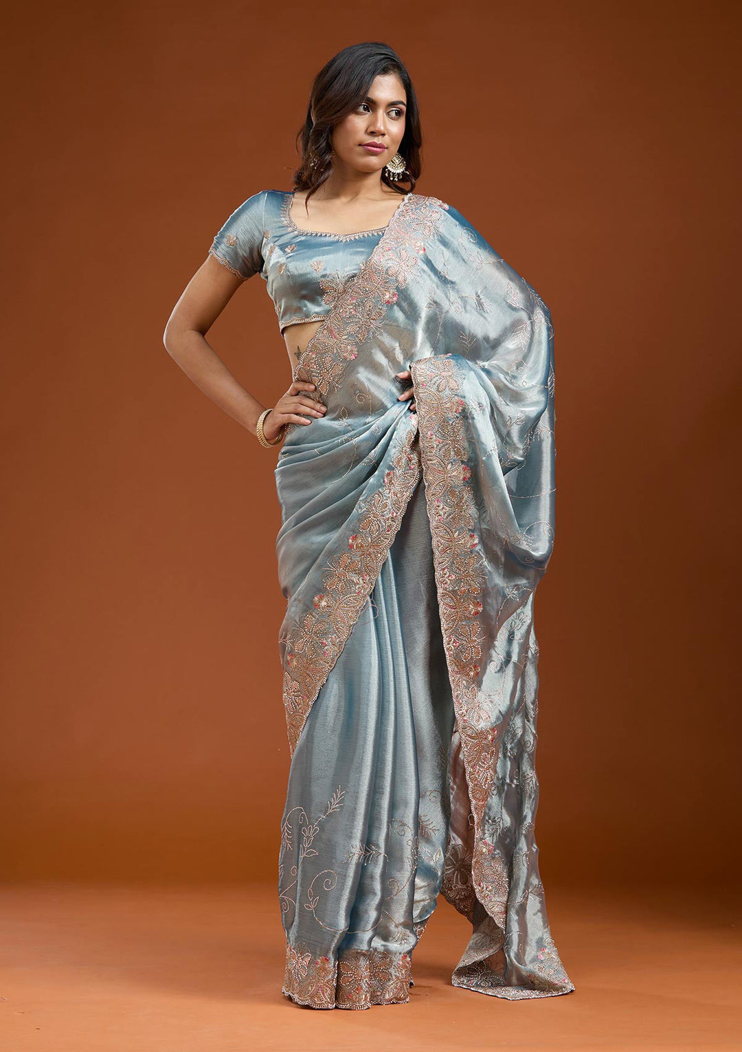 Grey Stonework (Gold) Organza Saree_koskii