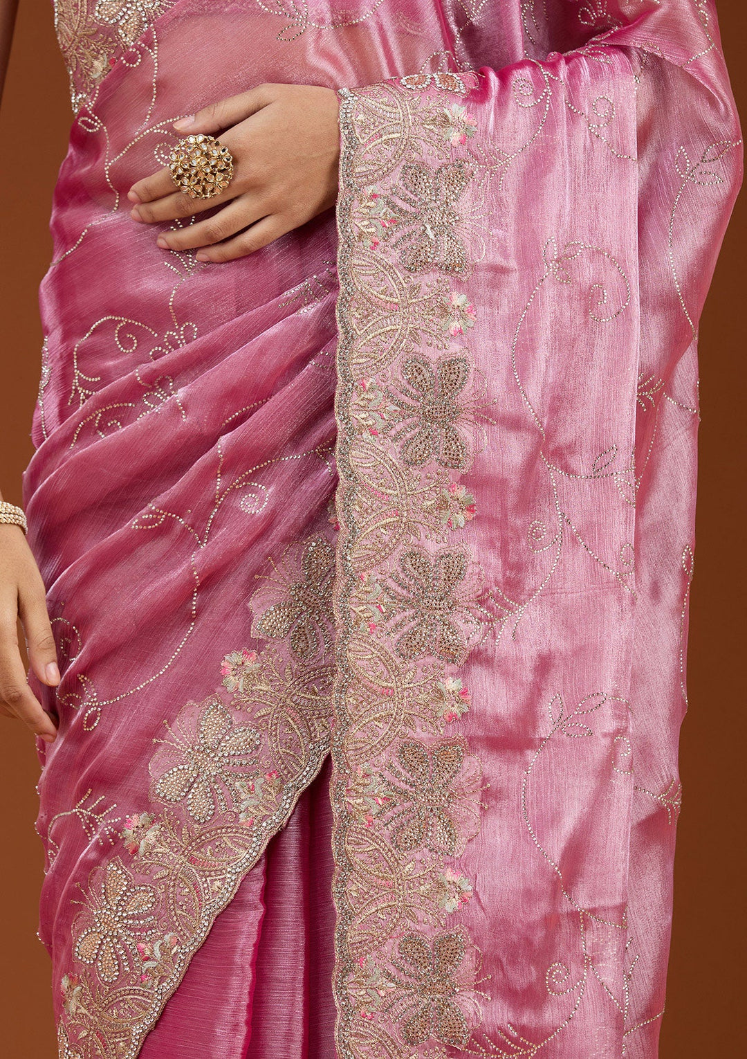 Pink Stonework (Gold) Organza Saree_koskii