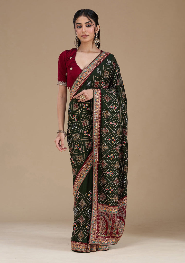 Mehendi Threadwork Soft Raw Silk Saree_koskii