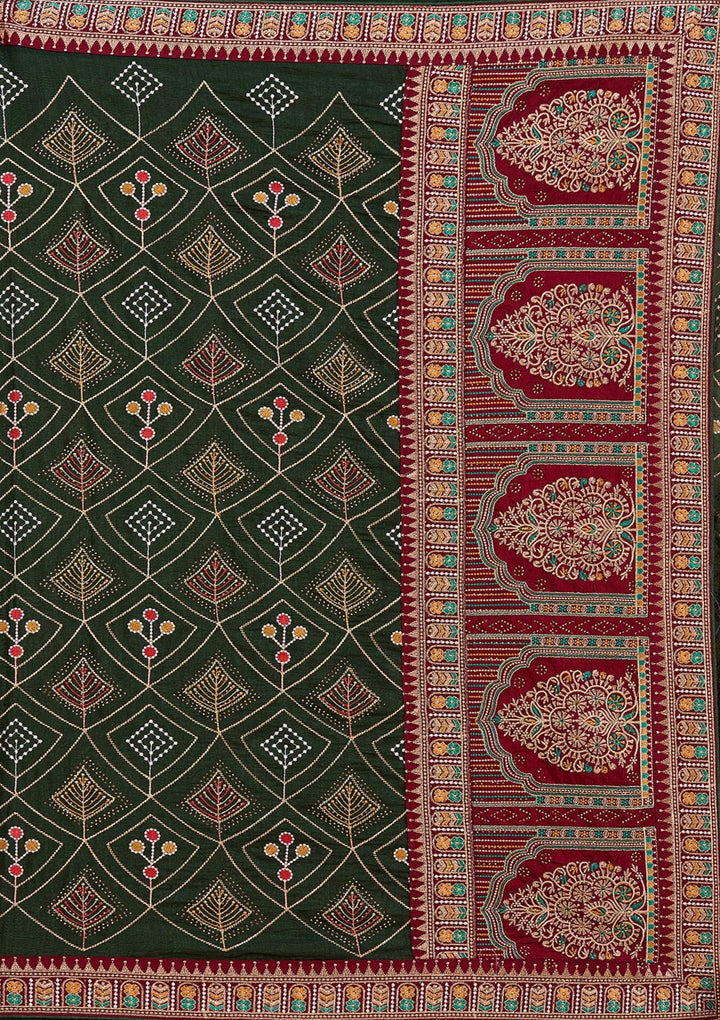 Mehendi Threadwork Soft Raw Silk Saree_koskii