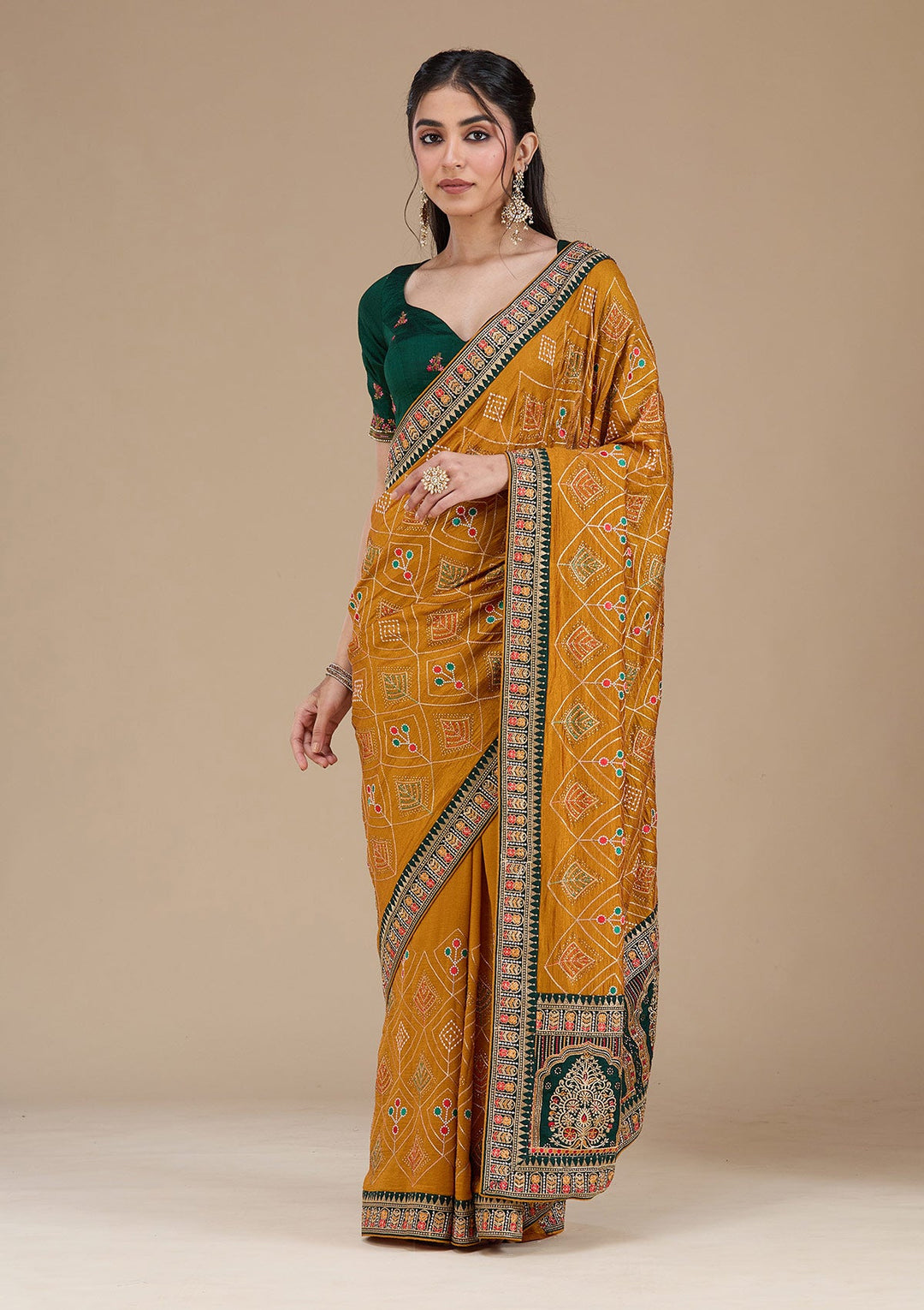 Mustard Threadwork Soft Raw Silk Saree_koskii