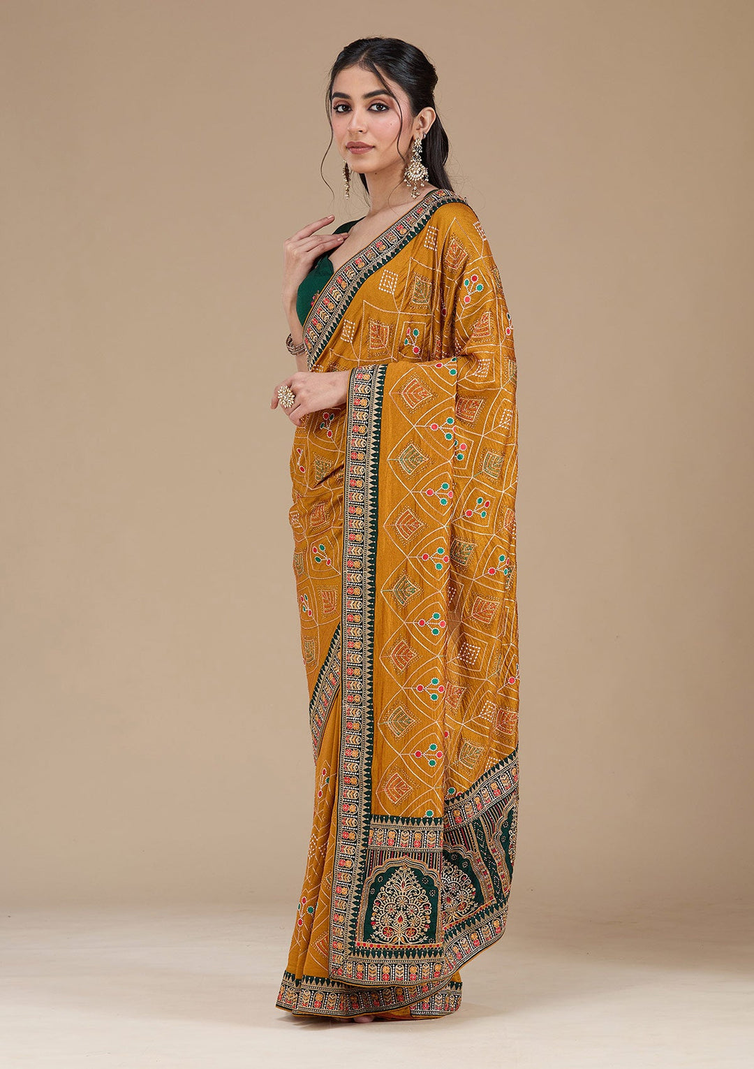Mustard Threadwork Soft Raw Silk Saree_koskii