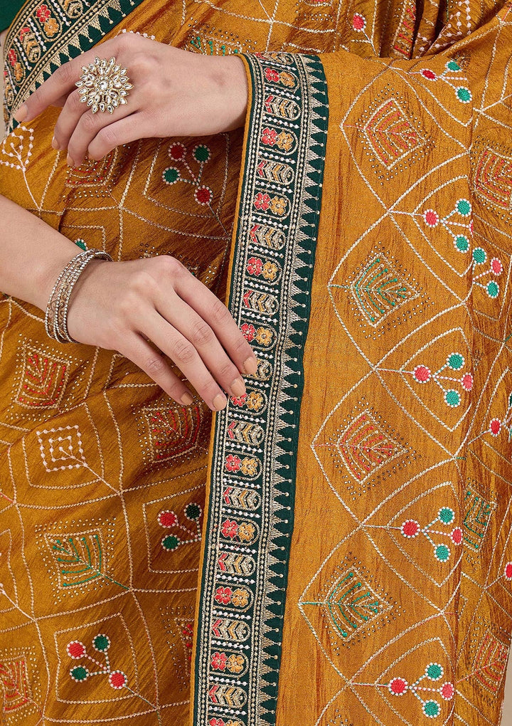 Mustard Threadwork Soft Raw Silk Saree_koskii