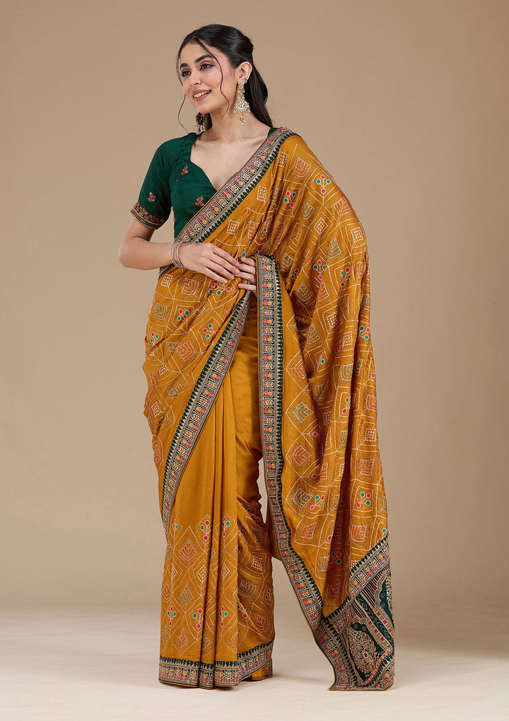 Mustard Threadwork Soft Raw Silk Saree_koskii