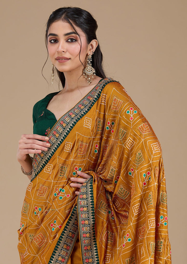 Mustard Threadwork Soft Raw Silk Saree_koskii