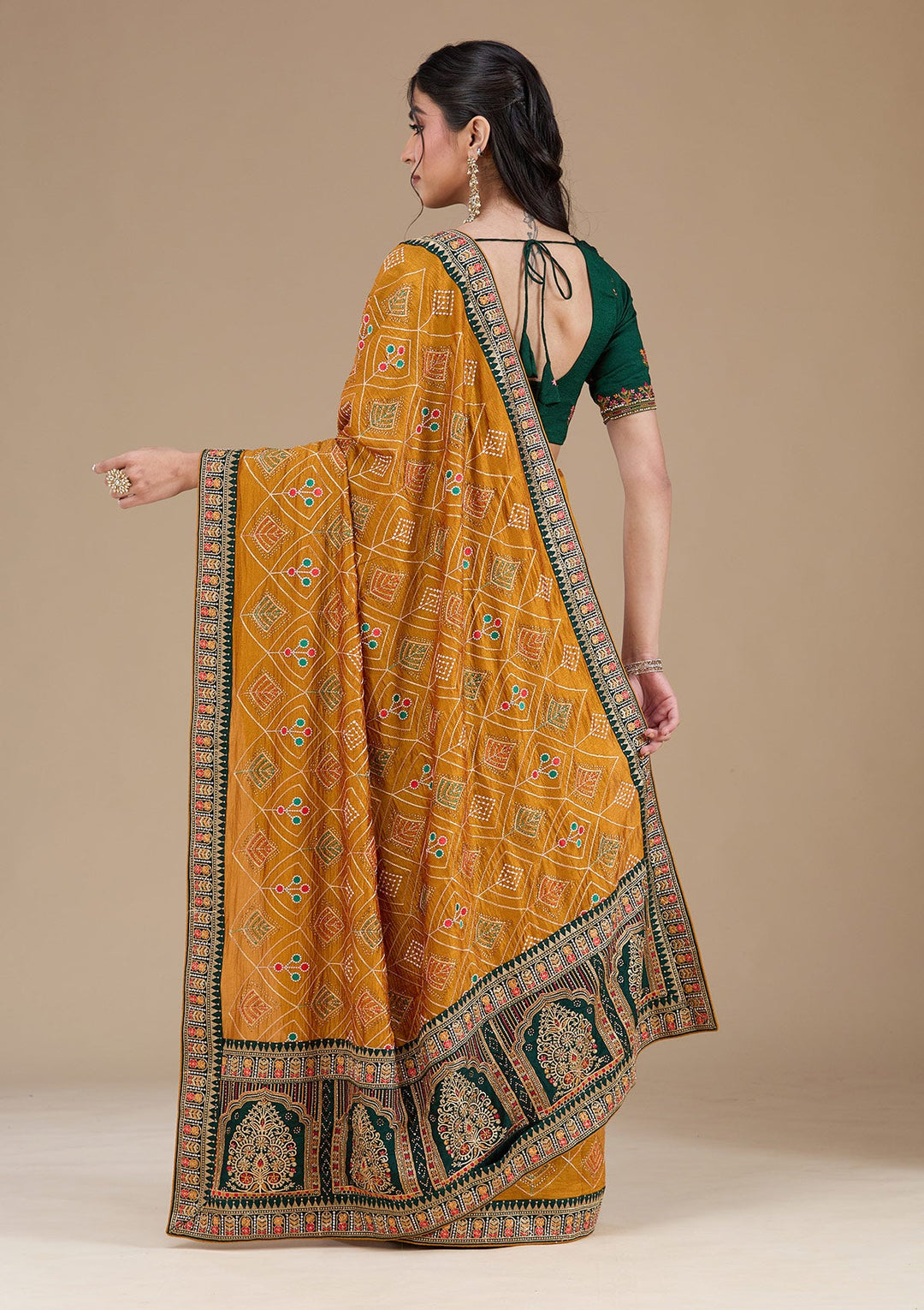 Mustard Threadwork Soft Raw Silk Saree_koskii