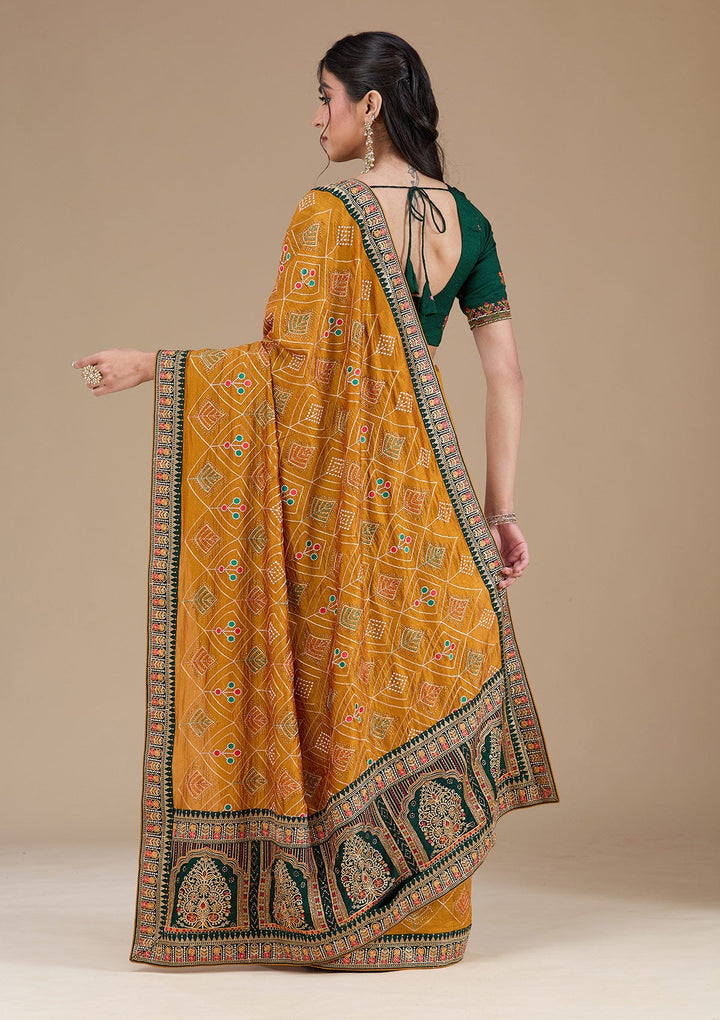 Mustard Threadwork Soft Raw Silk Saree_koskii