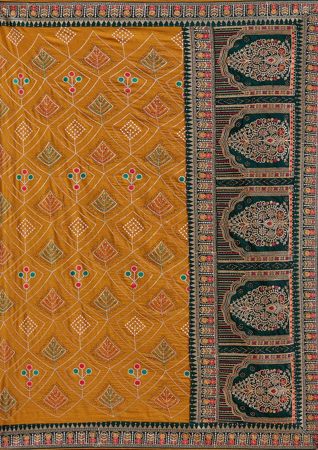 Mustard Threadwork Soft Raw Silk Saree_koskii