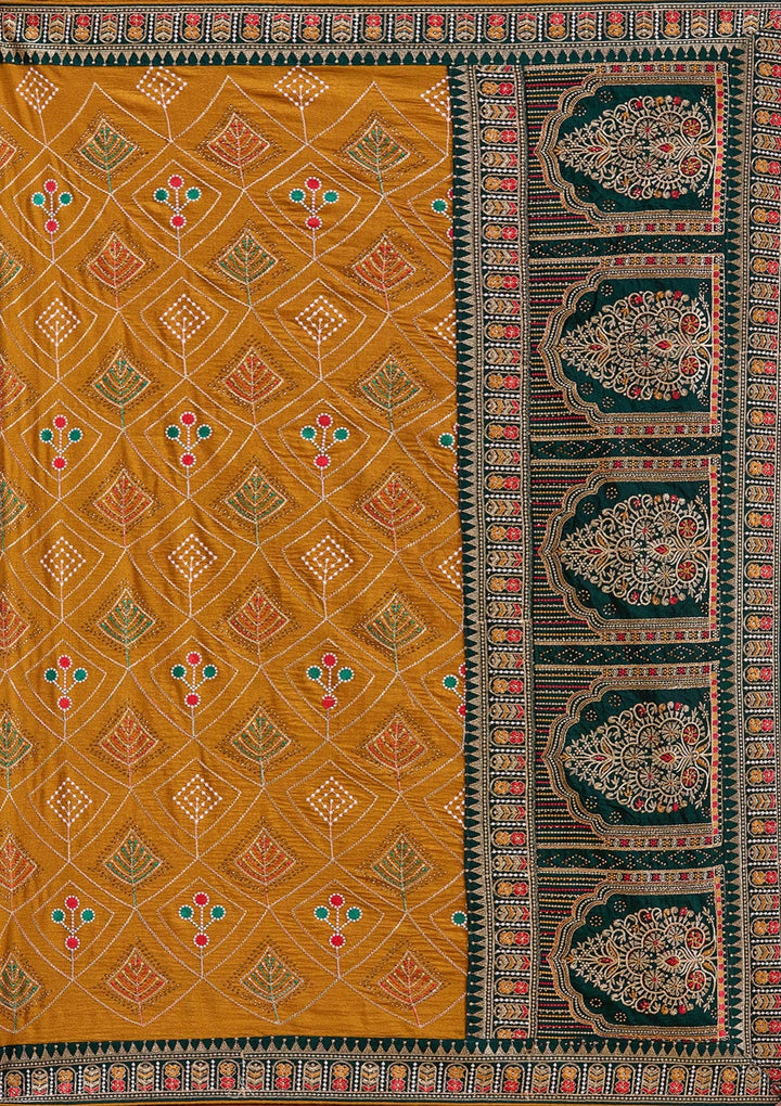 Mustard Threadwork Soft Raw Silk Saree_koskii