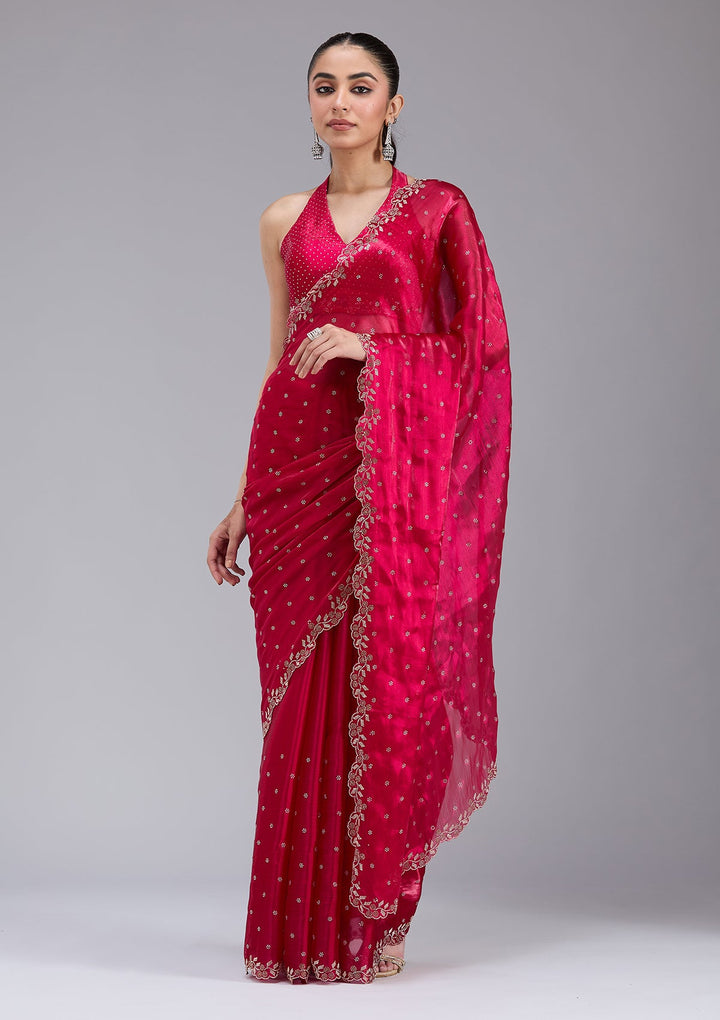 Rani Pink Stonework (Gold) Tissue Saree_koskii