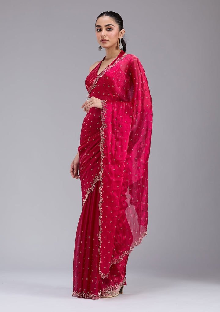 Rani Pink Stonework (Gold) Tissue Saree_koskii