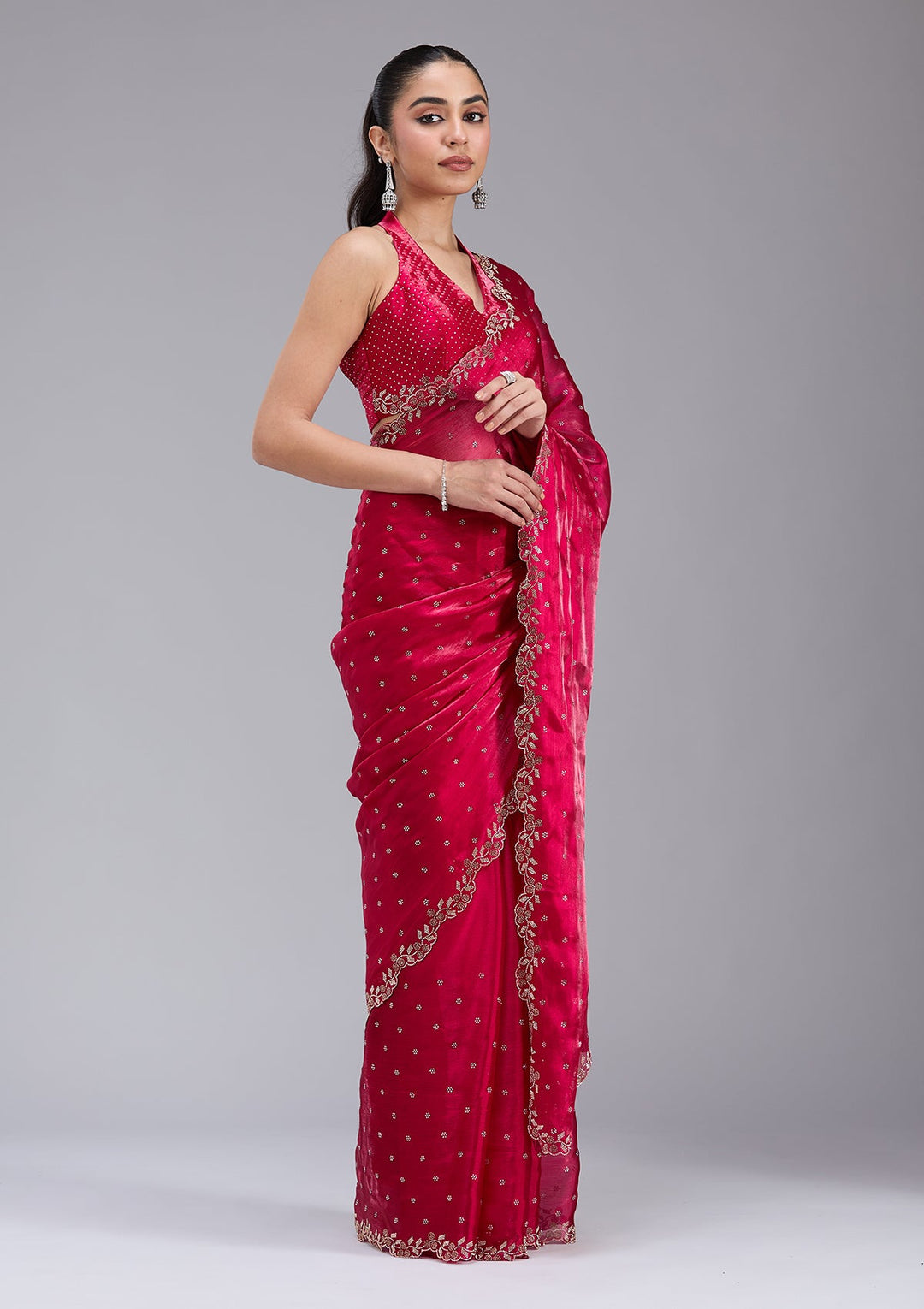 Rani Pink Stonework (Gold) Tissue Saree_koskii