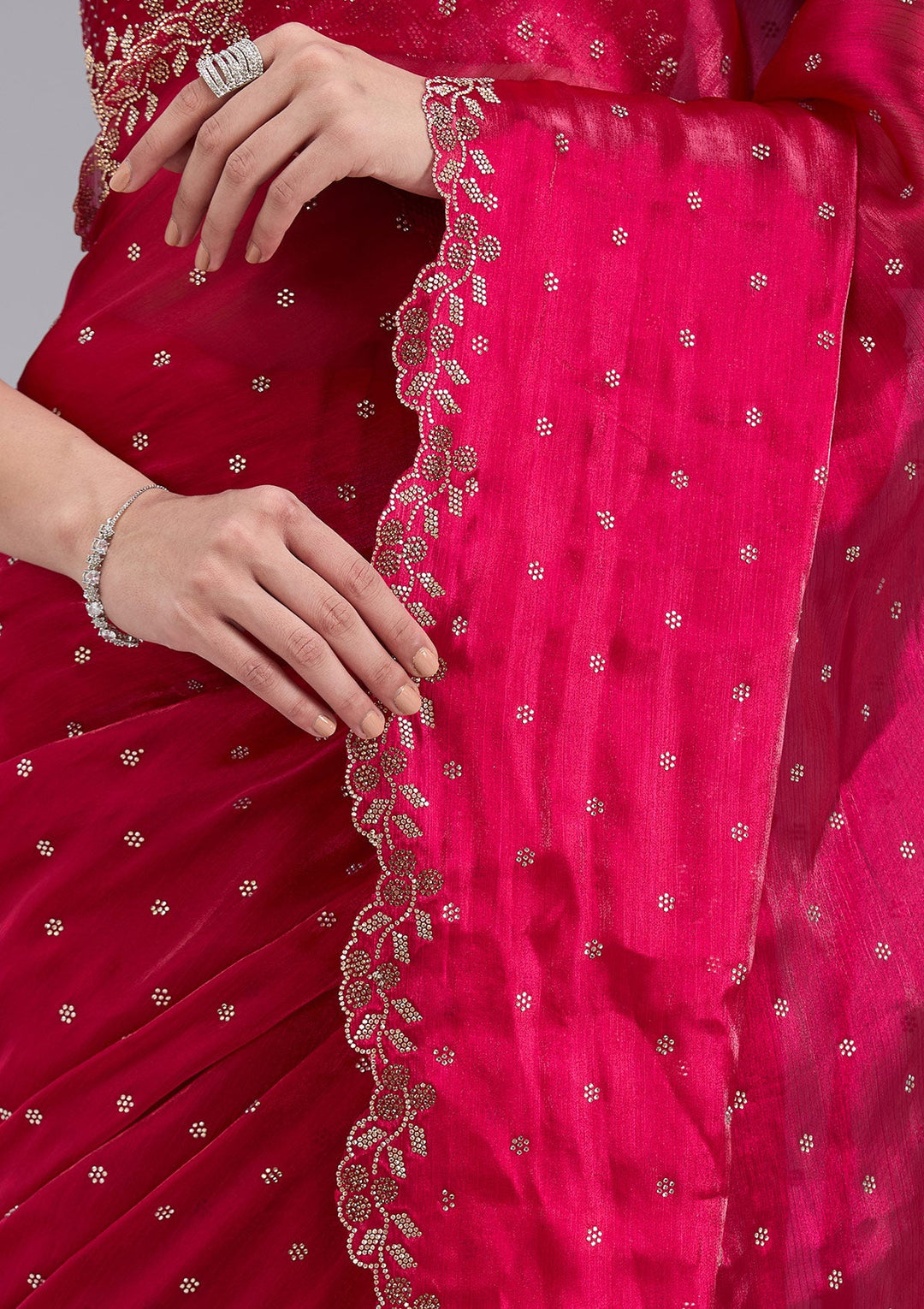 Rani Pink Stonework (Gold) Tissue Saree_koskii