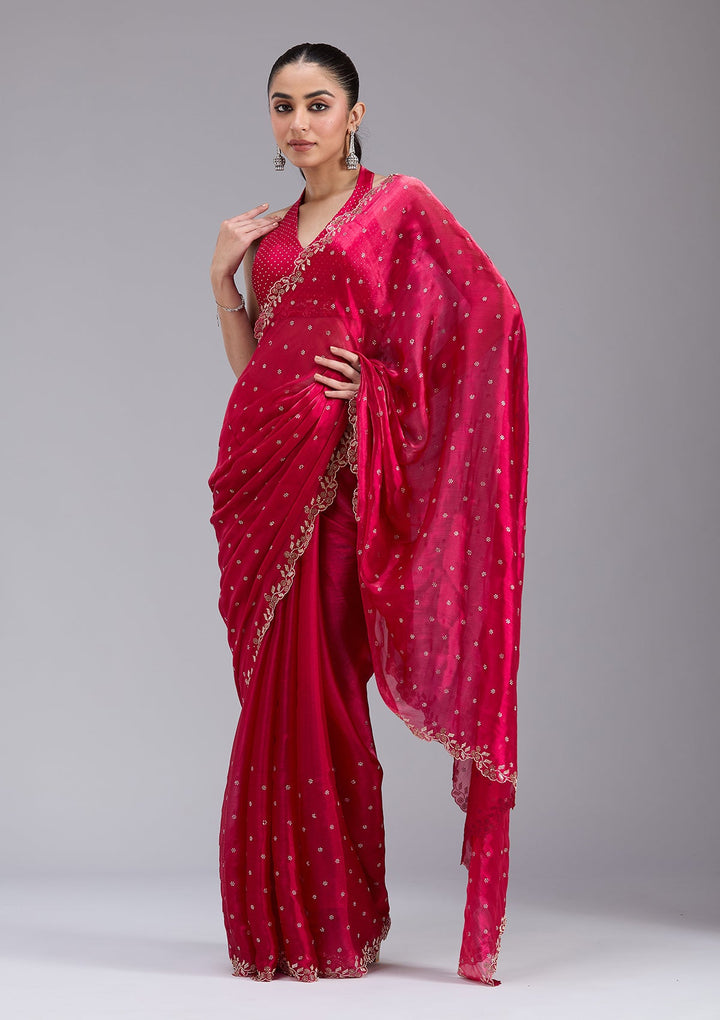 Rani Pink Stonework (Gold) Tissue Saree_koskii