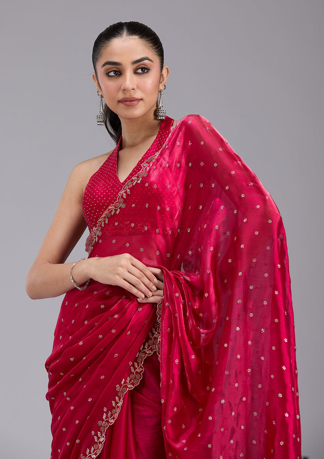 Rani Pink Stonework (Gold) Tissue Saree_koskii