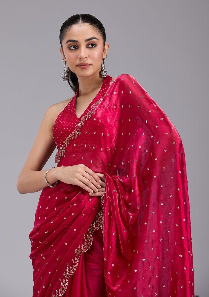 Rani Pink Stonework (Gold) Tissue Saree_koskii
