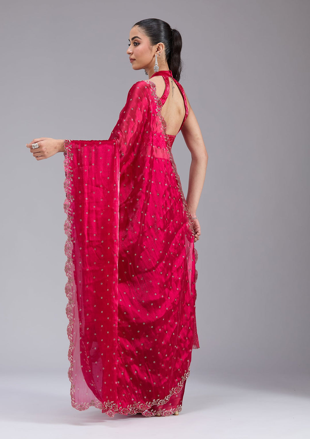 Rani Pink Stonework (Gold) Tissue Saree_koskii