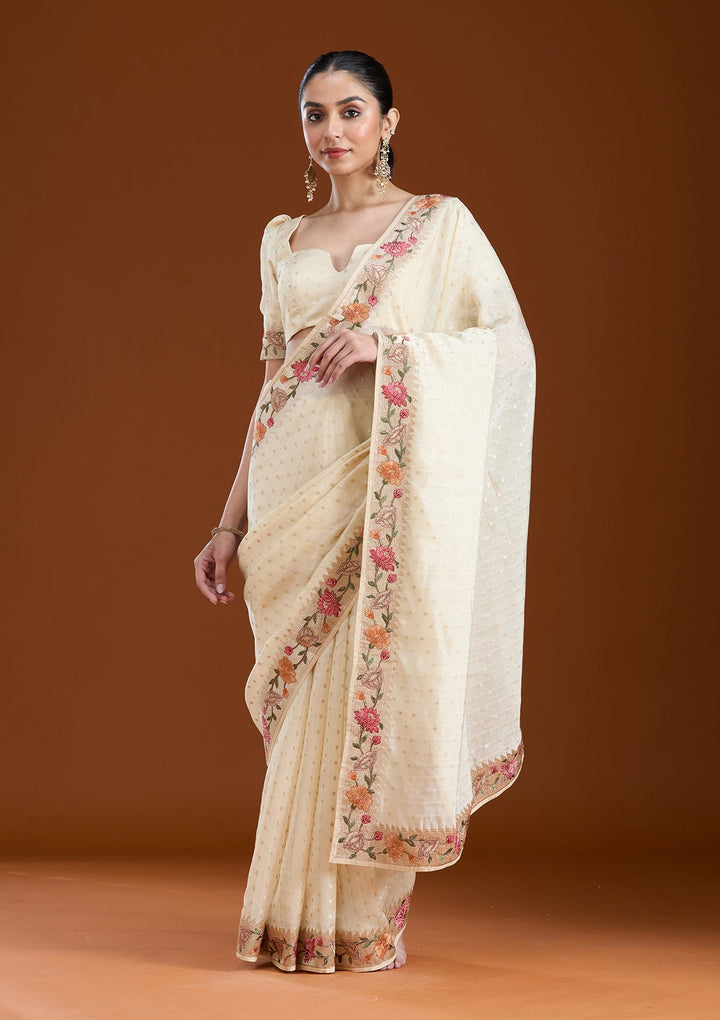 Cream Threadwork Tissue Saree-koskii