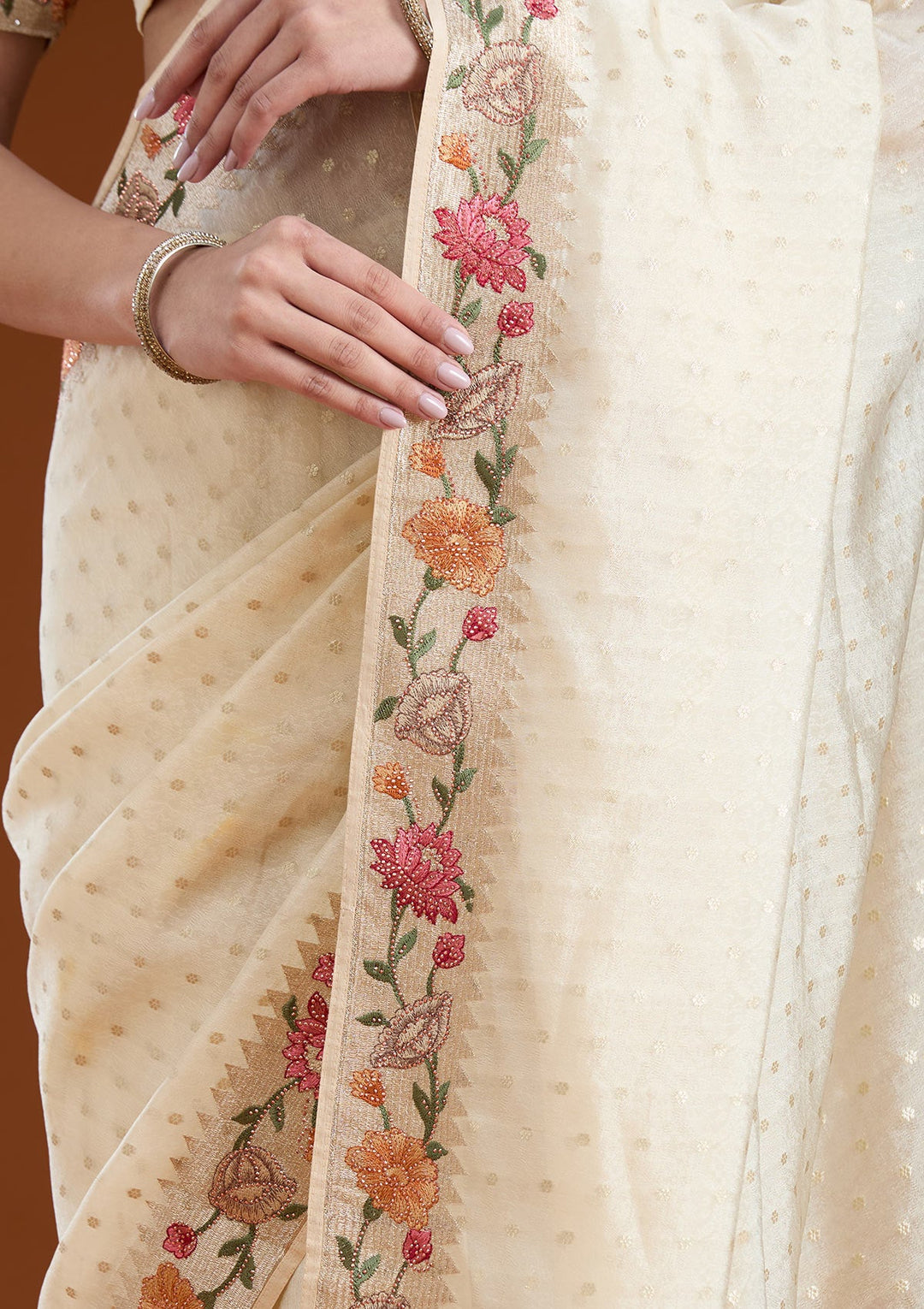 Cream Threadwork Tissue Saree-koskii