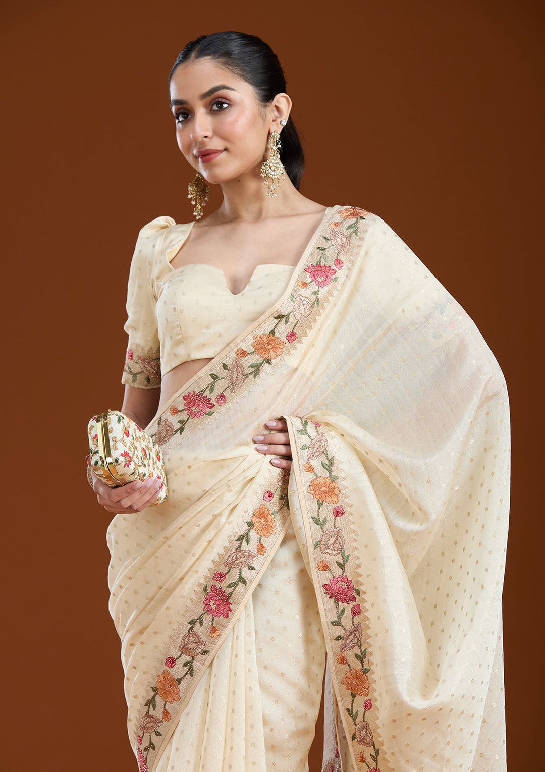 Cream Threadwork Tissue Saree-koskii