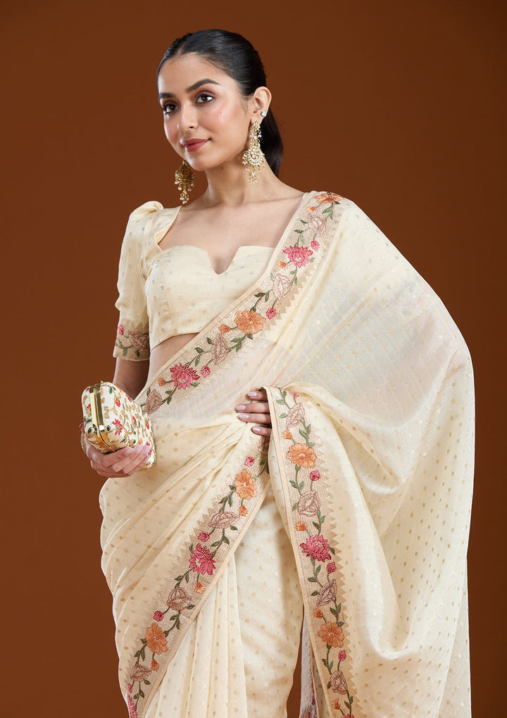 Cream Threadwork Tissue Saree-koskii