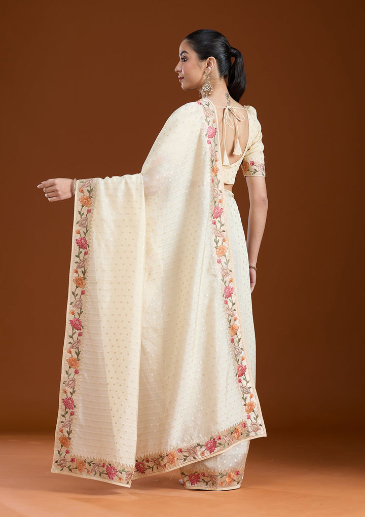 Cream Threadwork Tissue Saree-koskii