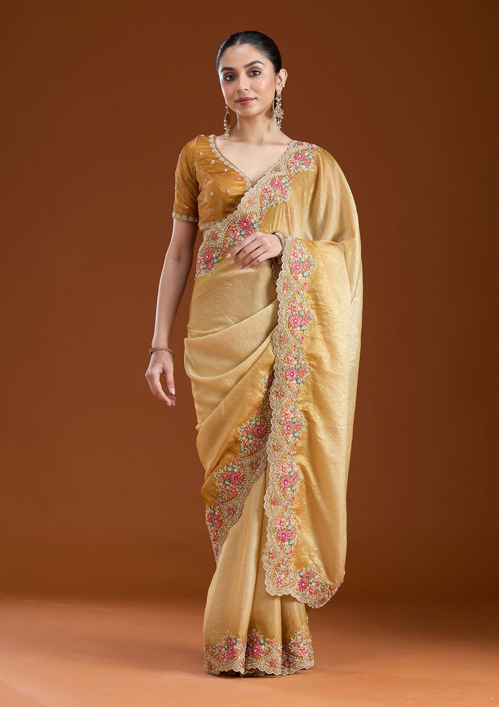Mustard Threadwork Tissue Saree-koskii