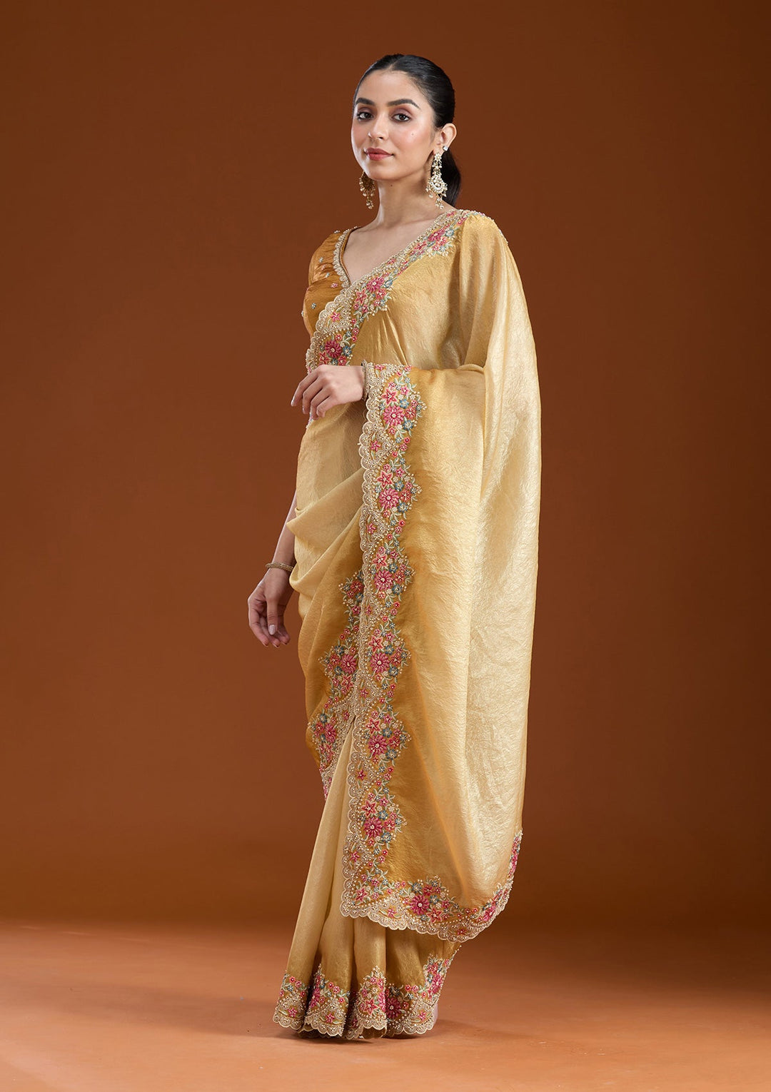 Mustard Threadwork Tissue Saree-koskii