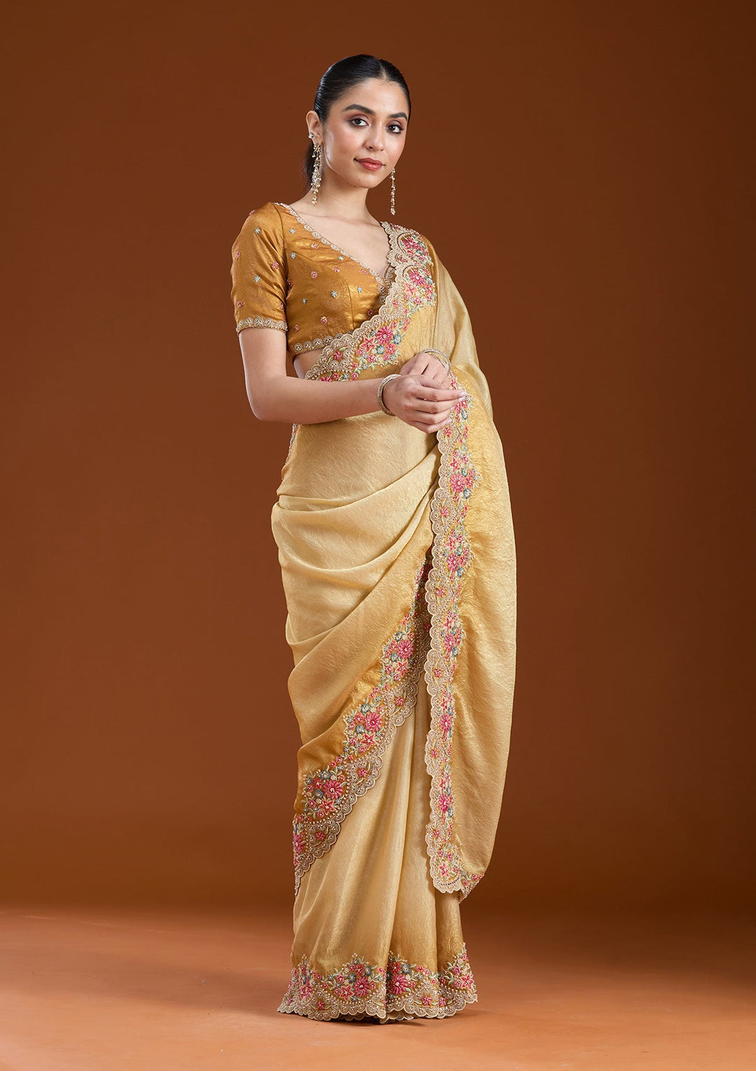 Mustard Threadwork Tissue Saree-koskii