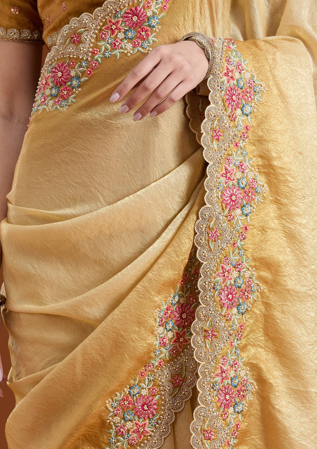 Mustard Threadwork Tissue Saree-koskii
