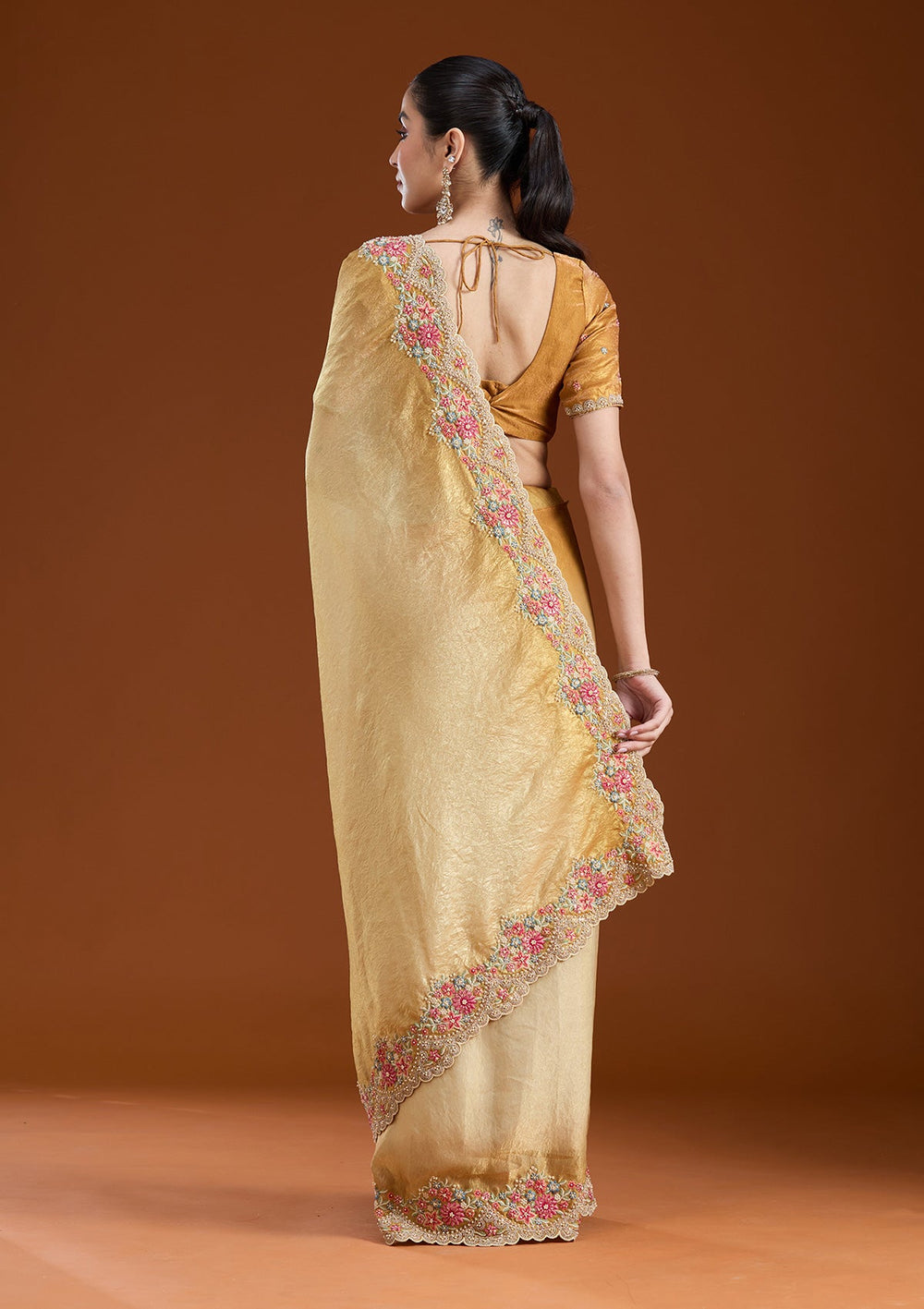 Mustard Threadwork Tissue Saree-koskii