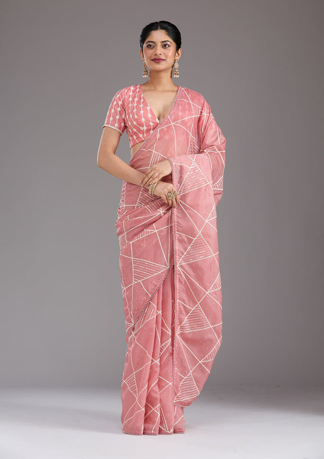 Gajari Pink Pearlwork Tissue Saree_koskii