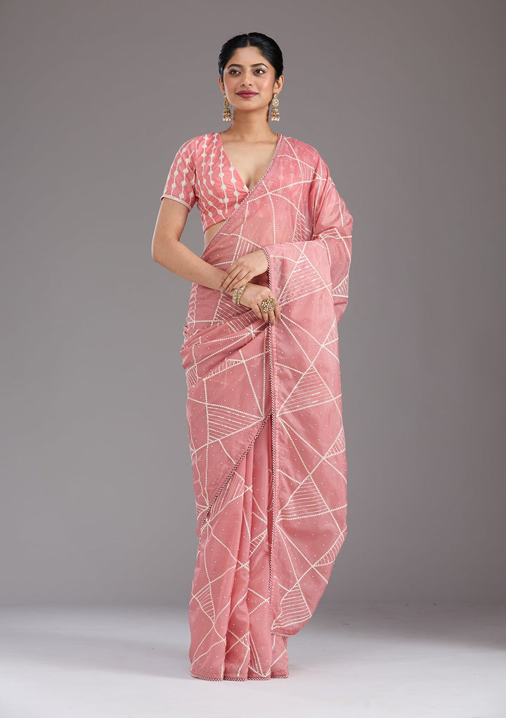 Gajari Pink Pearlwork Tissue Saree_koskii